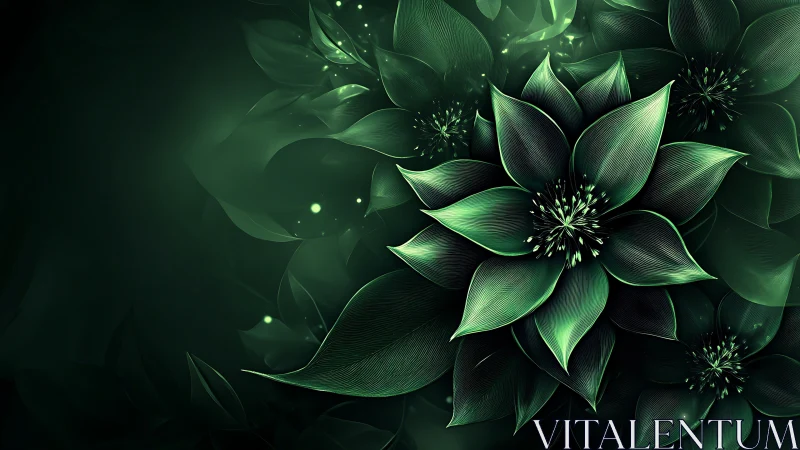 Luminous emerald blossoms unfold in a deep cosmic glow