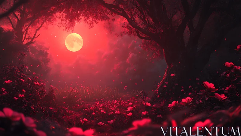 Red moon above dense forest clearing with glowing flowers.