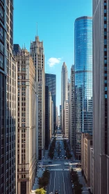 Sunlit downtown avenue cuts through tall glass and stone towers