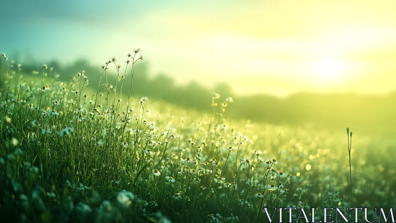 Backlit wildflower meadow captures luminous dawn atmosphere