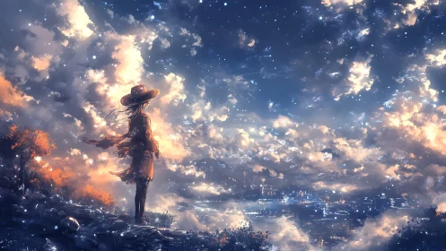Lone girl on cliff watching luminous night sky cityscape.