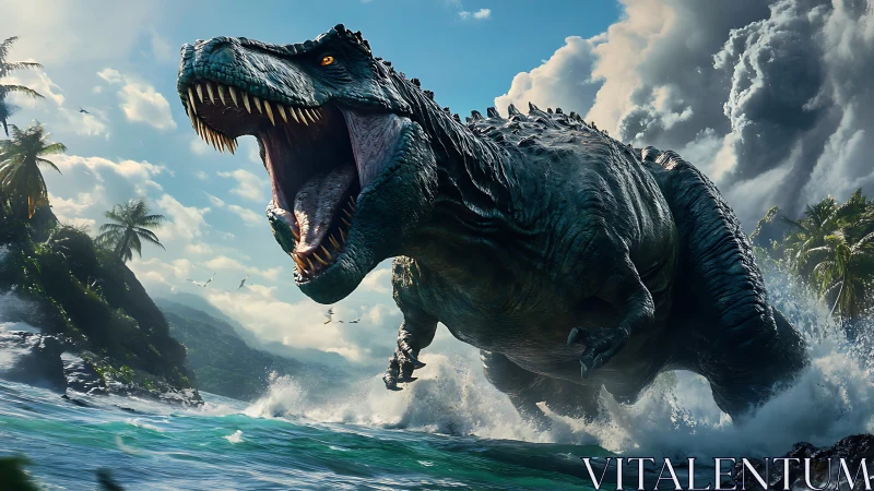 Large theropod dinosaur advancing through coastal surf scene.