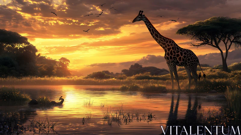 Giraffe pauses at emberlit river as savanna sky catches fire.