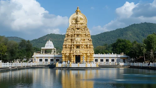 Symmetrical Hindu temple gopuram with reflective water tank foreground