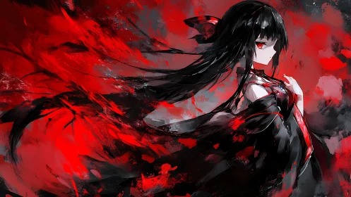 Crimson clad anime girl stands calm within swirling chaos