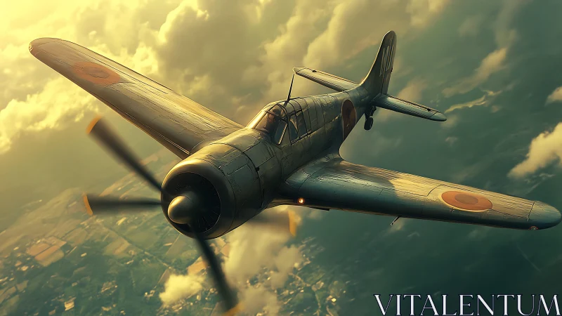 WWII radial-engine fighter aircraft in cinematic golden-hour clouds