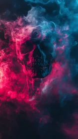 Skull in neon smoke, where eerie shadows glow softly.