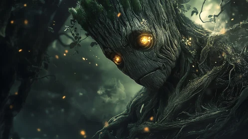 Forest elder bends close while ember-bright eyes remember