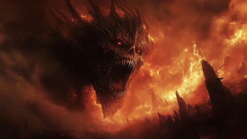 Fiery sky titan rising over a shattered burning world.