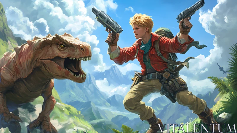 Adventurer with pistols confronting roaring dinosaur.