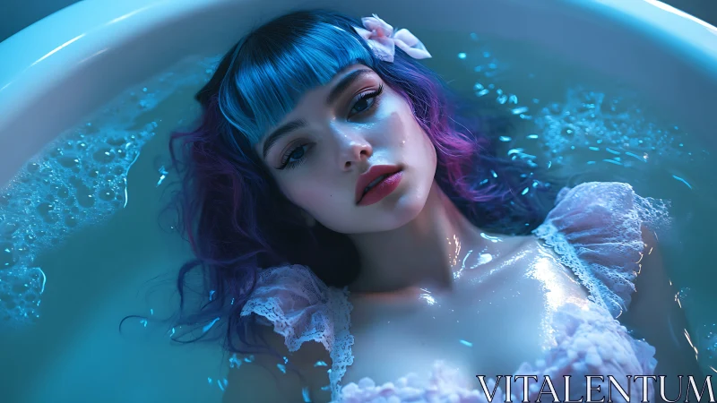 Neon siren adrift in moonlit bathwater reverie.