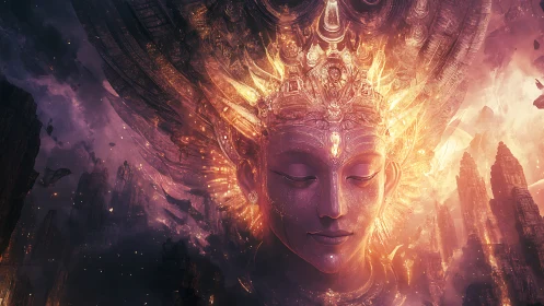 Celestial deity face unfolding within radiant cosmic ruins.