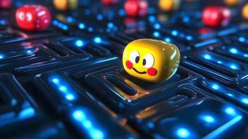 Cute yellow character in neon maze, retro video game 3D style.