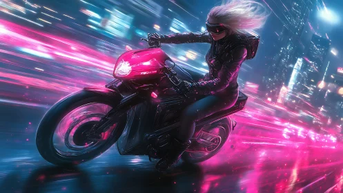 Cyberpunk biker racing through neon city streets at night.