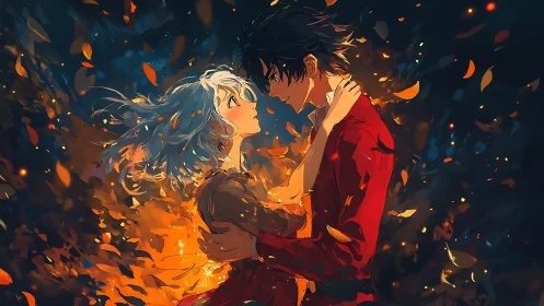 Two figures stand embracing amid swirling, luminous particles