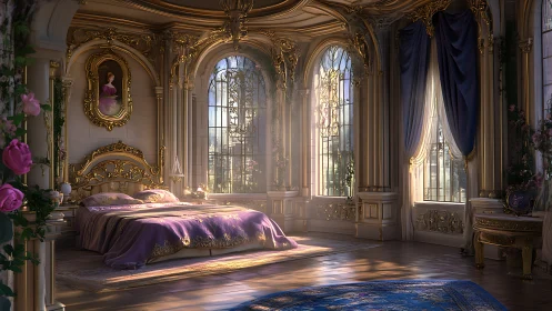 Opulent rococo bedroom interior with ornate bed and windows