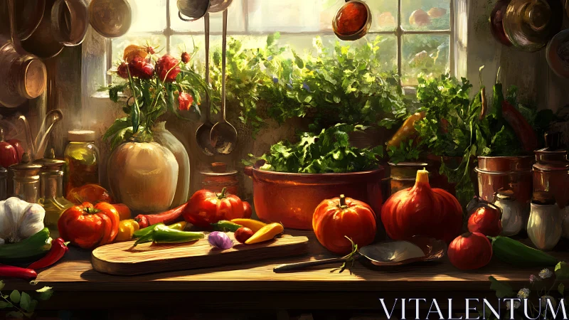 Sunlit country kitchen still life with garden vegetables.