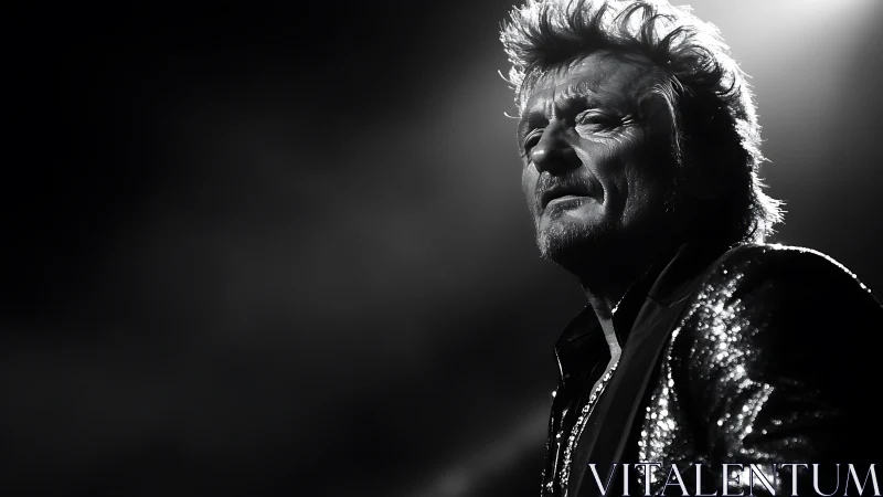 Black and white stage portrait of mature male singer.