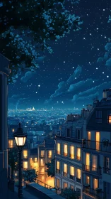 Starlit city hillside where warm windows glow softly.