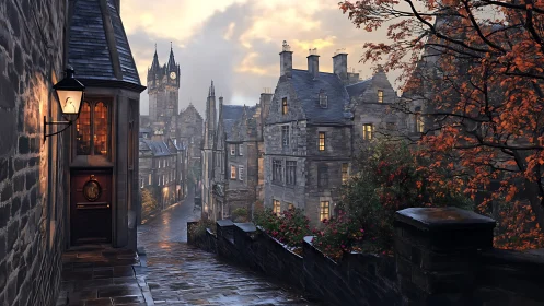 Moody old town street glows beneath a misty autumn sky.