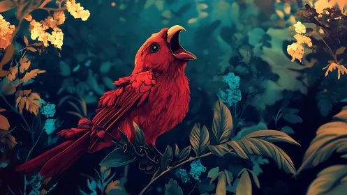 Crimson songbird spills glowing notes into twilight jungle