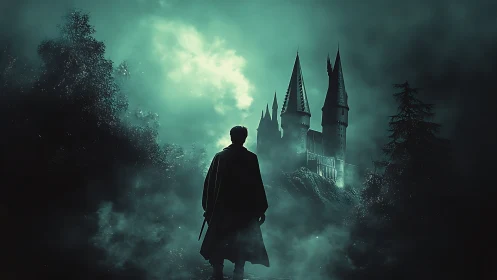 Cloaked figure approaches mist-shrouded gothic hilltop castle.