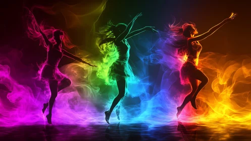 Silhouetted dancers leap through vibrant rainbow fire and light