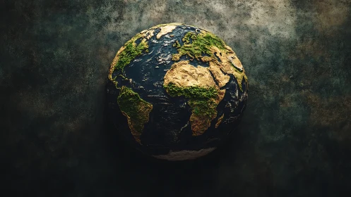 Our textured Earth floats gently against a moody sky backdrop