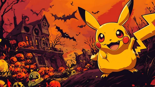 Pikachu stands before haunted house with pumpkins and bats