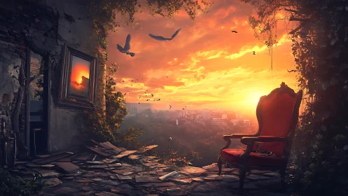 Ruined terrace with red armchair above city at sunset.