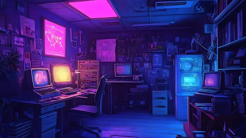 Retro hacker workstation under neon magenta blue glow.