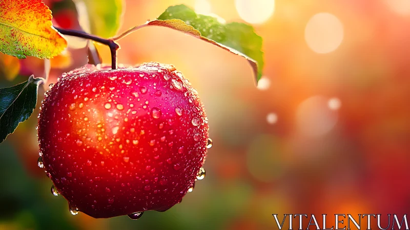 Macro dew-covered red apple against defocused warm bokeh field