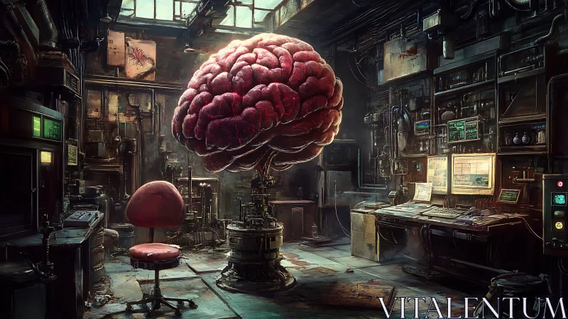 Cybernetic brain floats in a dystopian retro lab