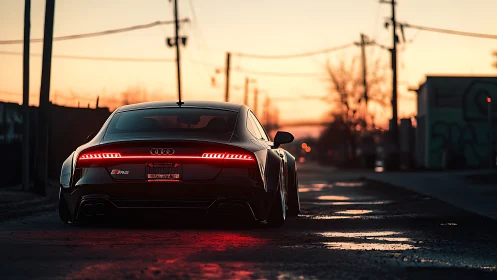 Sporty Audi at sunset glowing with soft city streetlight.