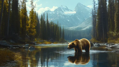 Brown bear standing in shallow river below alpine peaks.