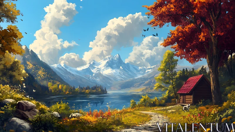 Mountain lake cabin under luminous autumn sky panorama.