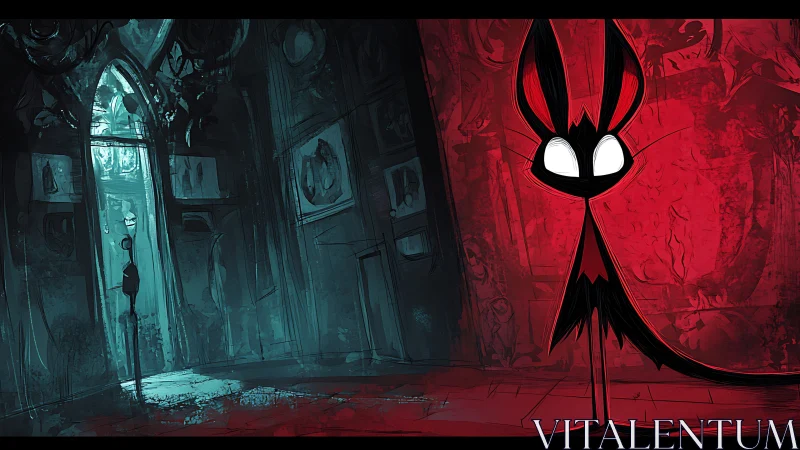 Stylized creature in split-color gothic interior scene.