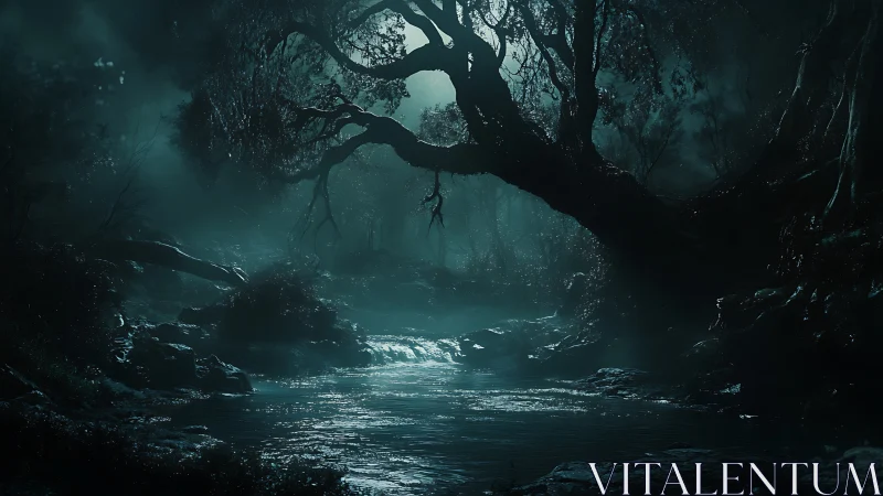 Nocturnal river bend under gnarled overhanging forest canopy