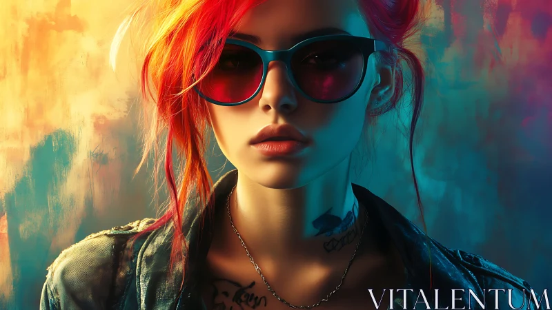 Portrait of woman with red hair, sunglasses, and tattoos.