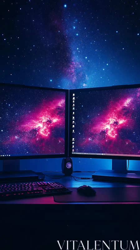 Dual monitor gaming desk glows with vivid galaxy wallpaper