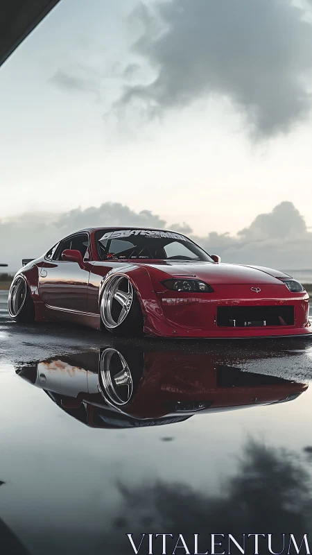 Low-slung red tuner car mirrored on wet asphalt at dusk.