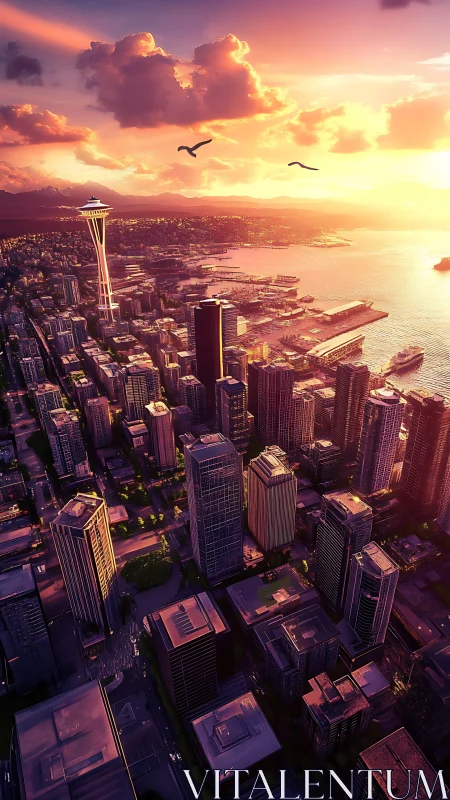 Seattle downtown skyline with waterfront at sunset time period.