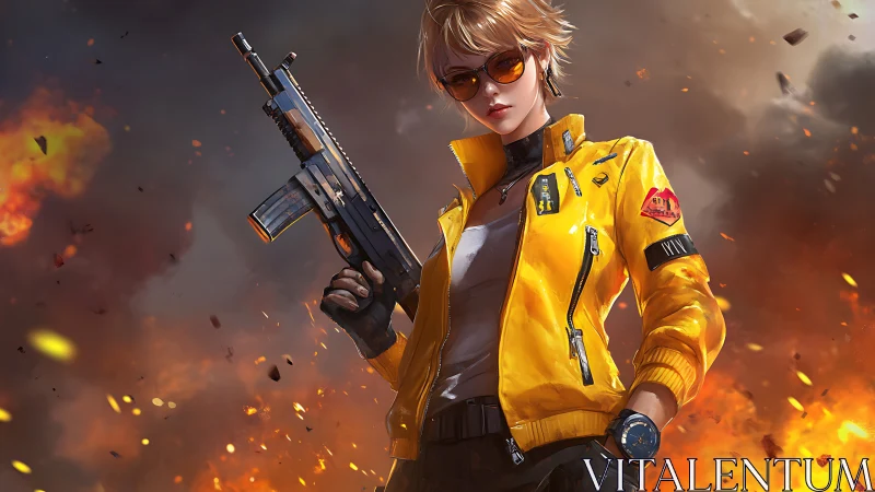 Confident cyberpunk heroine stands amid blazing battlefield