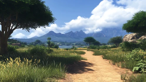 Sunlit savanna trail leads toward distant blue mountains.