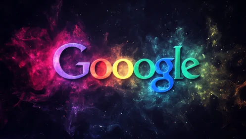 Multicolor luminous logotype with cosmic nebula backdrop.