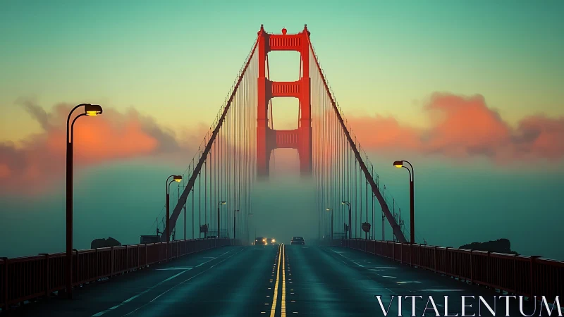 Golden Gate Bridge glows through dense coastal fog at dusk.