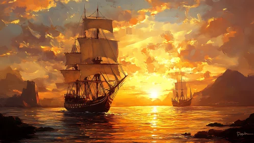 Golden-hour sailing ships cross a radiant painted seascape