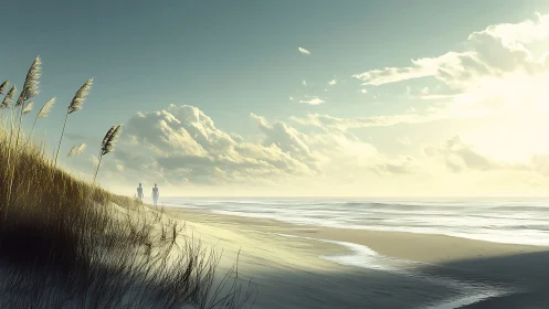 Sunlit shoreline with distant walkers under rising clouds.