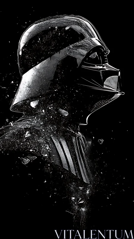 Monochrome armored helm dissolving into particulate void field.