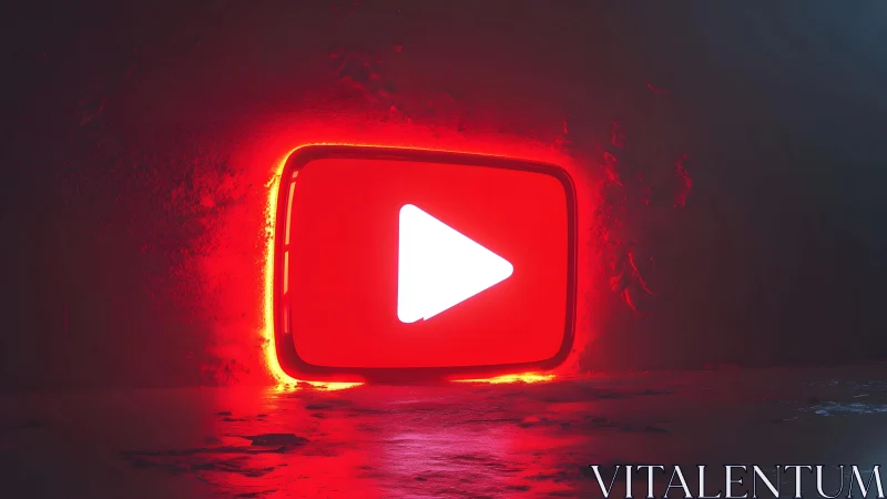 Neon YouTube Play Button Sign Glowing on Dark Wall.